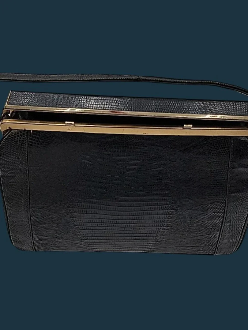 Vintage Sterling USA Black Genuine Lizard Skin Handbag Mid Century Frame Purse